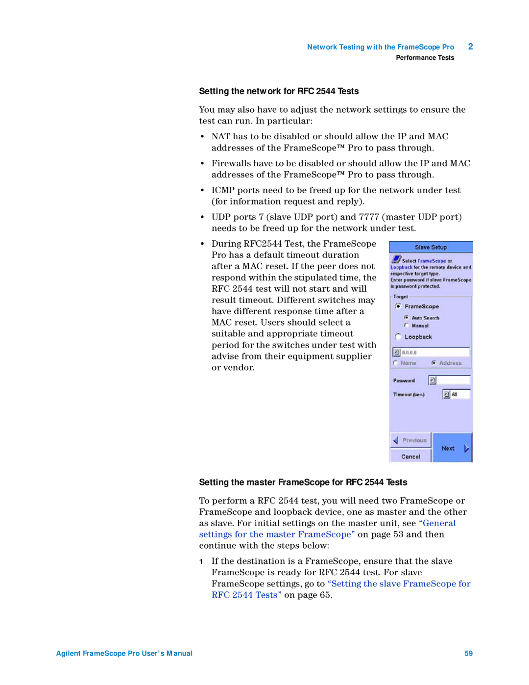 Agilent Technologies N2620A Setting the network for RFC 2544 Tests, Setting the master FrameScope for RFC 2544 Tests 