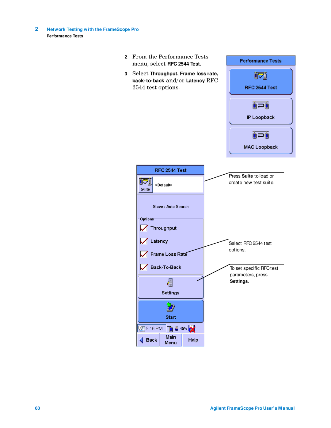 Agilent Technologies N2620A user manual From the Performance Tests menu, select RFC 2544 Test 