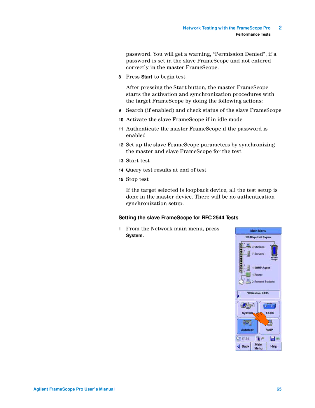 Agilent Technologies N2620A user manual Setting the slave FrameScope for RFC 2544 Tests, System 