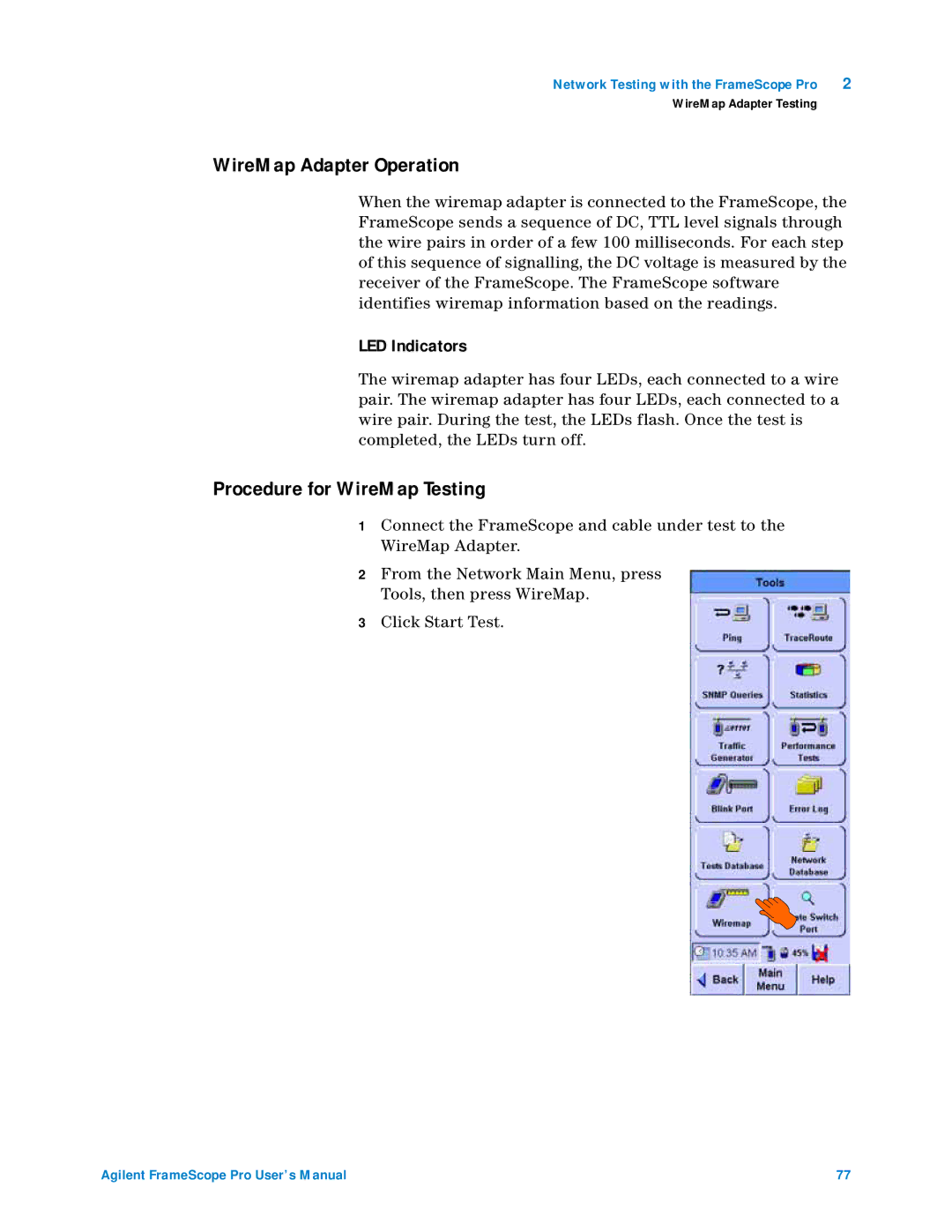 Agilent Technologies N2620A user manual WireMap Adapter Operation, Procedure for WireMap Testing, LED Indicators 