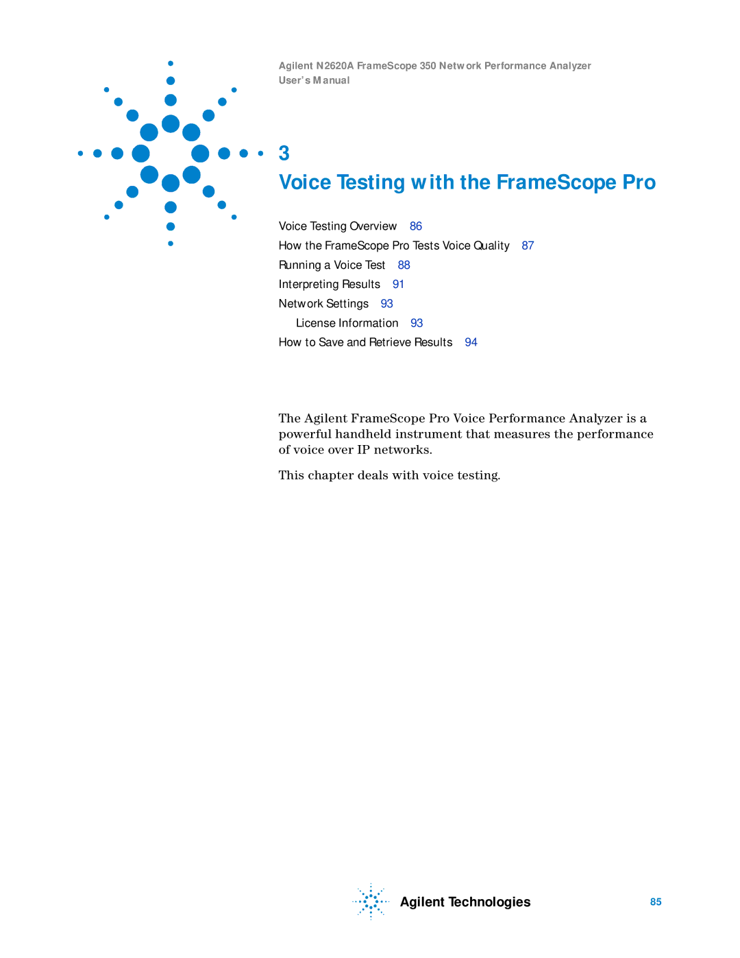 Agilent Technologies N2620A user manual Voice Testing with the FrameScope Pro 