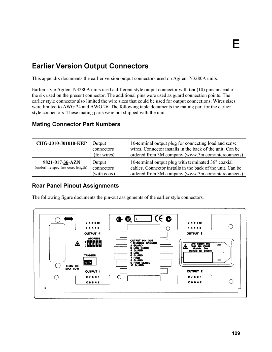 Agilent Technologies N3280A Earlier Version Output Connectors, Mating Connector Part Numbers, CHG-2010-J01010-KEP, 109 