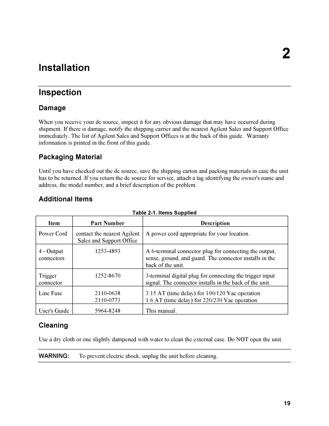 Agilent Technologies N3280A Inspection, Damage Packaging Material, Additional Items, Cleaning, Part Number Description 