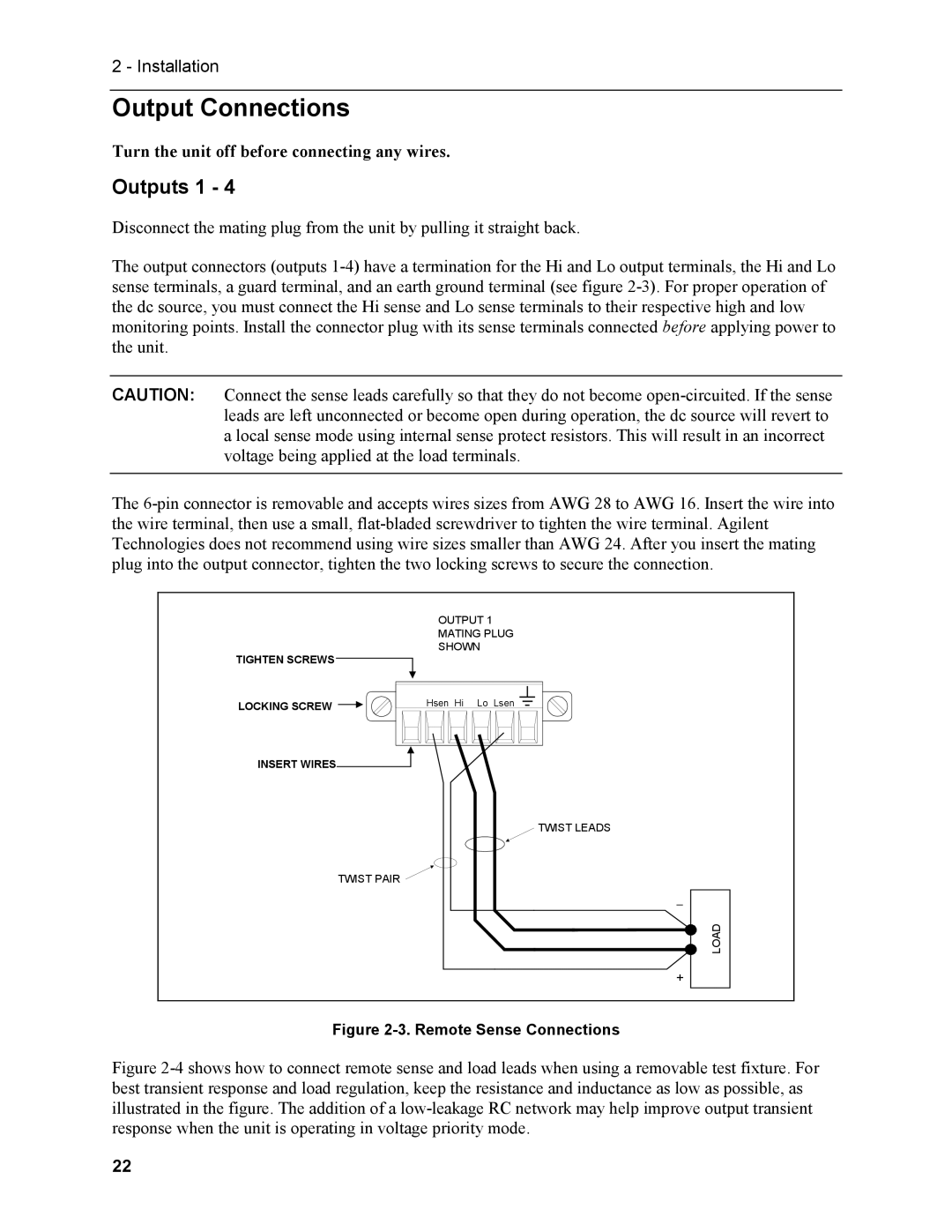 Agilent Technologies N3280A manual Output Connections, Outputs 1, Turn the unit off before connecting any wires 