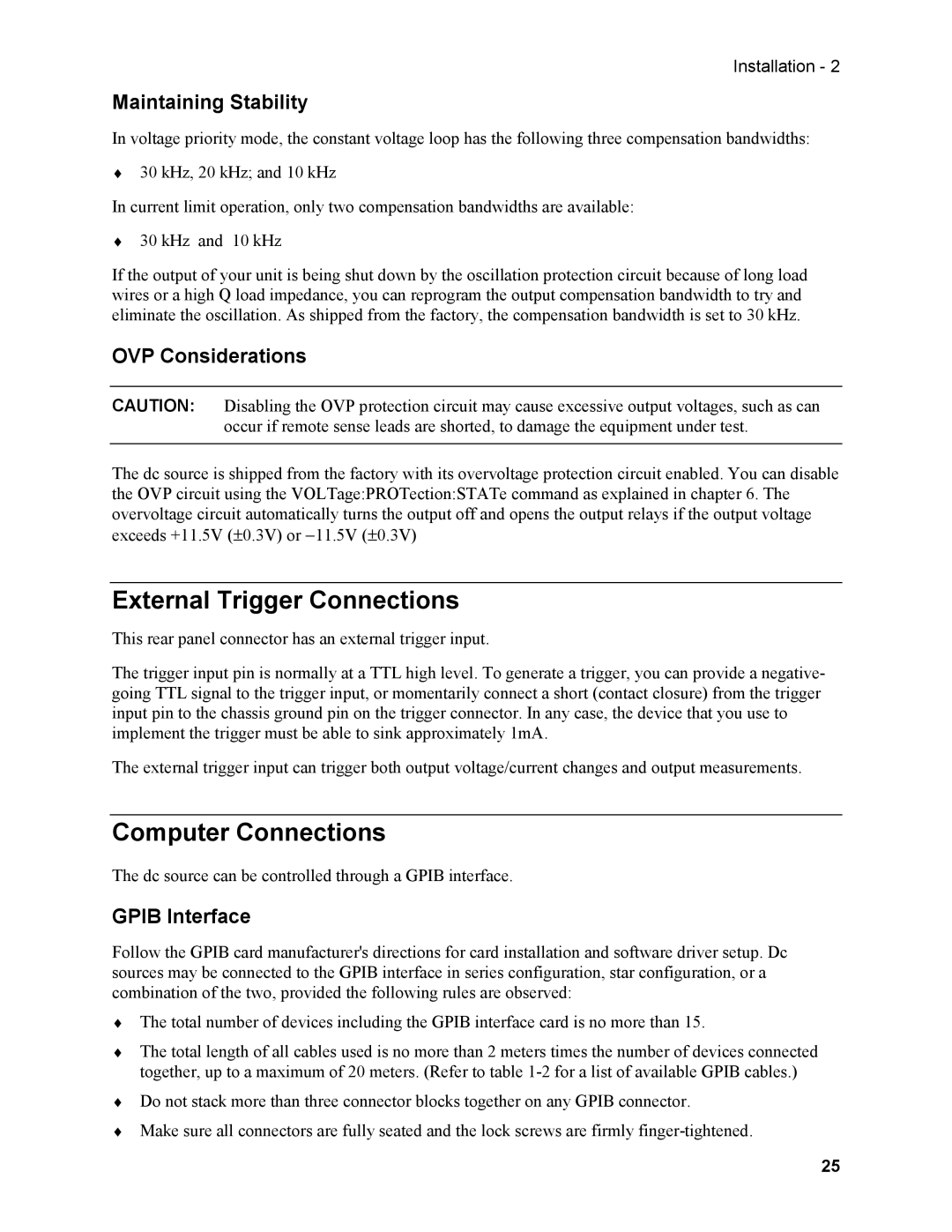 Agilent Technologies N3280A External Trigger Connections, Computer Connections, Maintaining Stability, OVP Considerations 