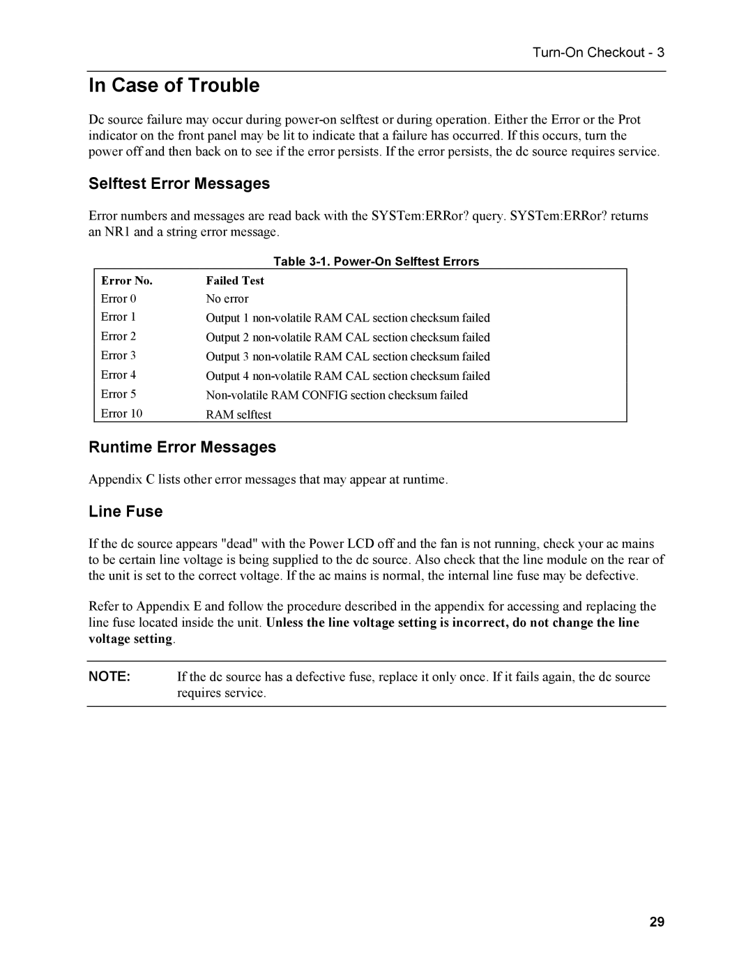 Agilent Technologies N3280A manual Case of Trouble, Selftest Error Messages, Runtime Error Messages, Line Fuse 