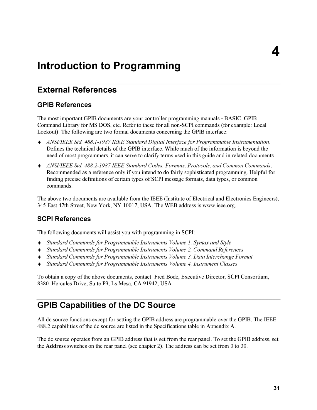 Agilent Technologies N3280A External References, Gpib Capabilities of the DC Source, Gpib References, Scpi References 