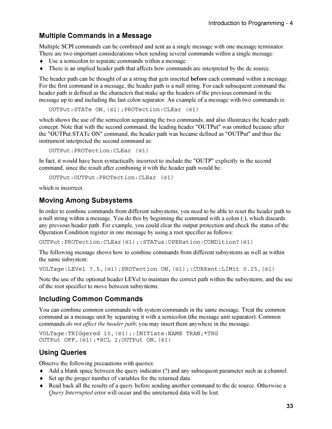 Agilent Technologies N3280A manual Multiple Commands in a Message, Moving Among Subsystems, Including Common Commands 