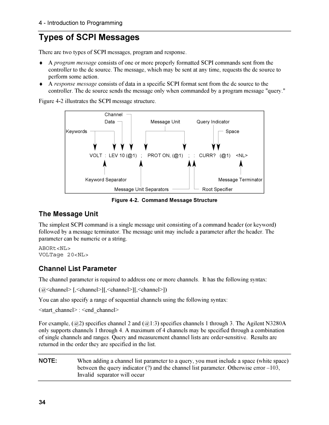 Agilent Technologies N3280A manual Types of Scpi Messages, Message Unit, Channel List Parameter 