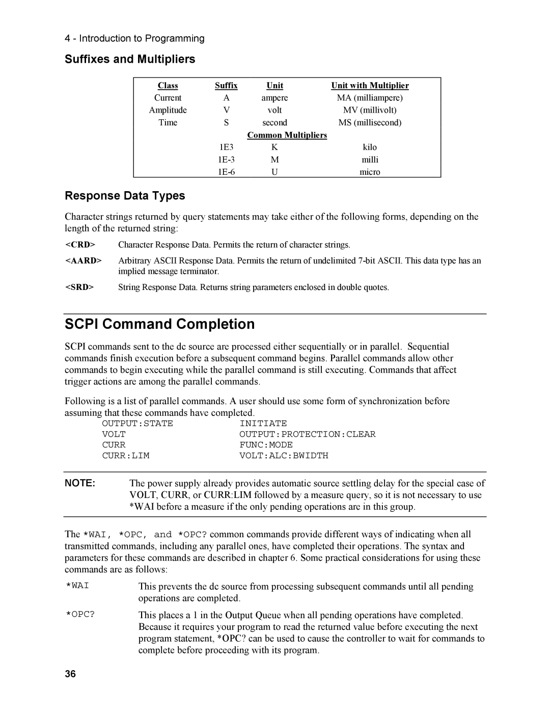 Agilent Technologies N3280A Scpi Command Completion, Suffixes and Multipliers, Response Data Types, Common Multipliers 