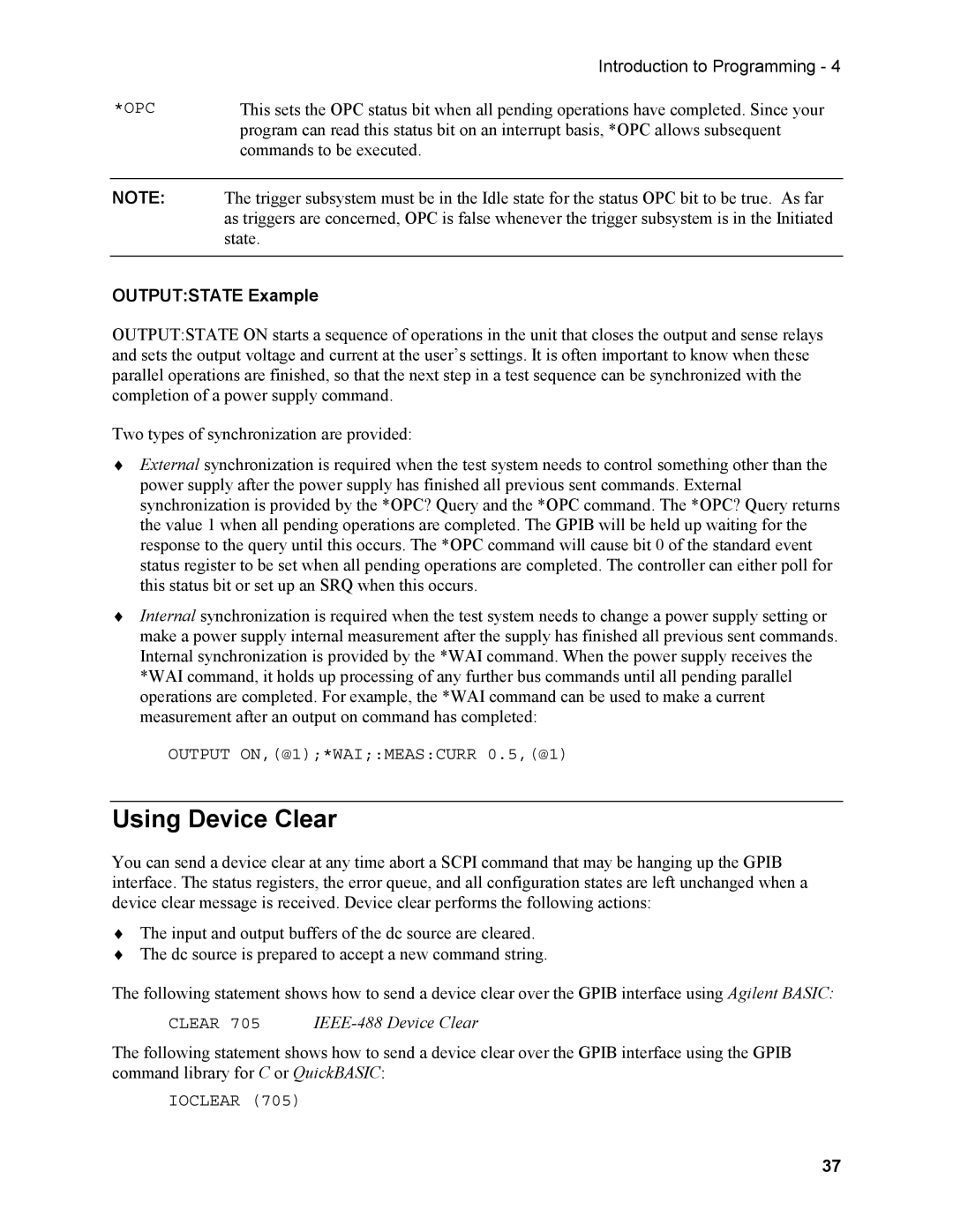 Agilent Technologies N3280A manual Using Device Clear, Outputstate Example 