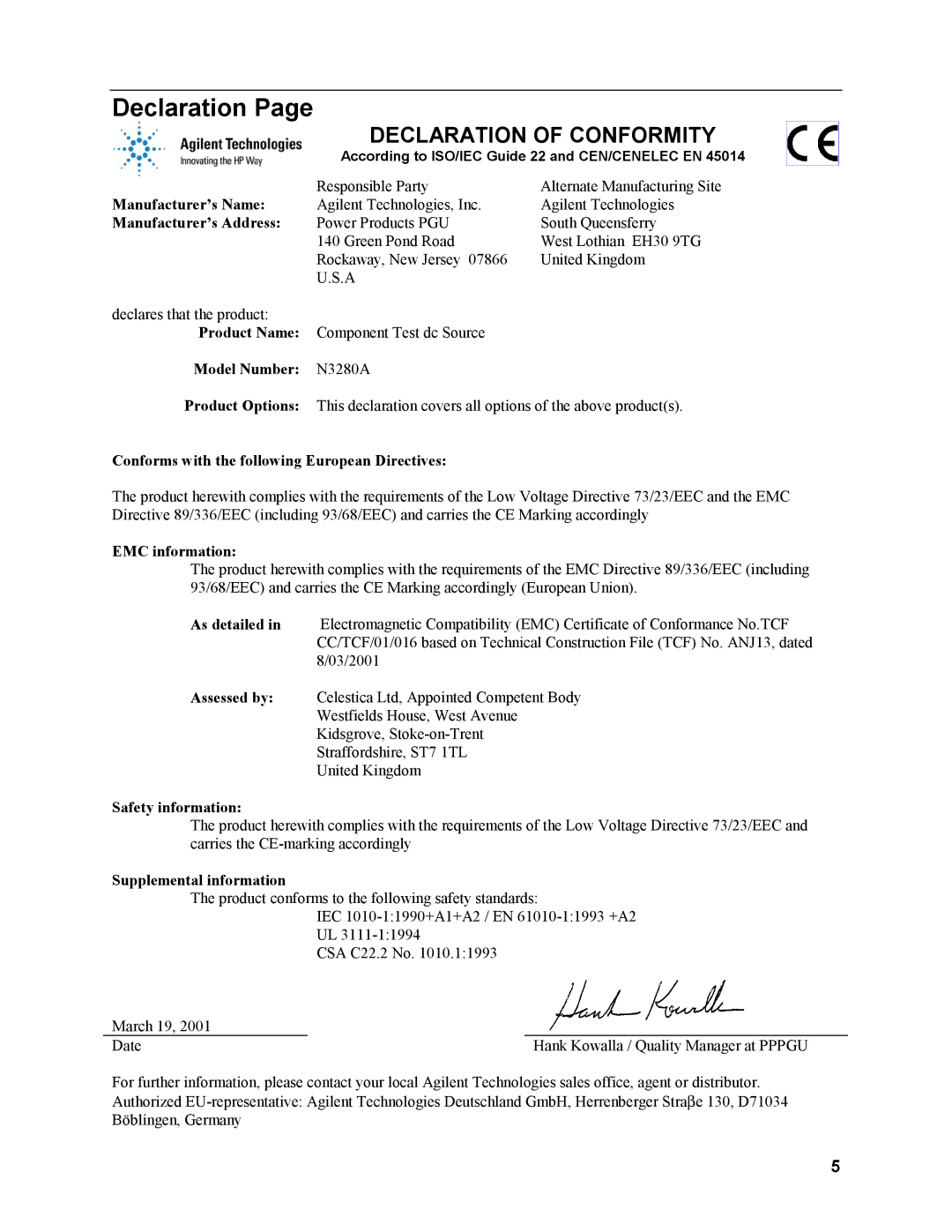 Agilent Technologies N3280A manual Declaration 