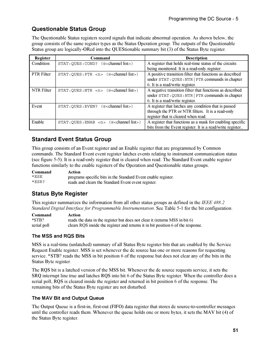 Agilent Technologies N3280A Questionable Status Group, Standard Event Status Group, Status Byte Register, MSS and RQS Bits 