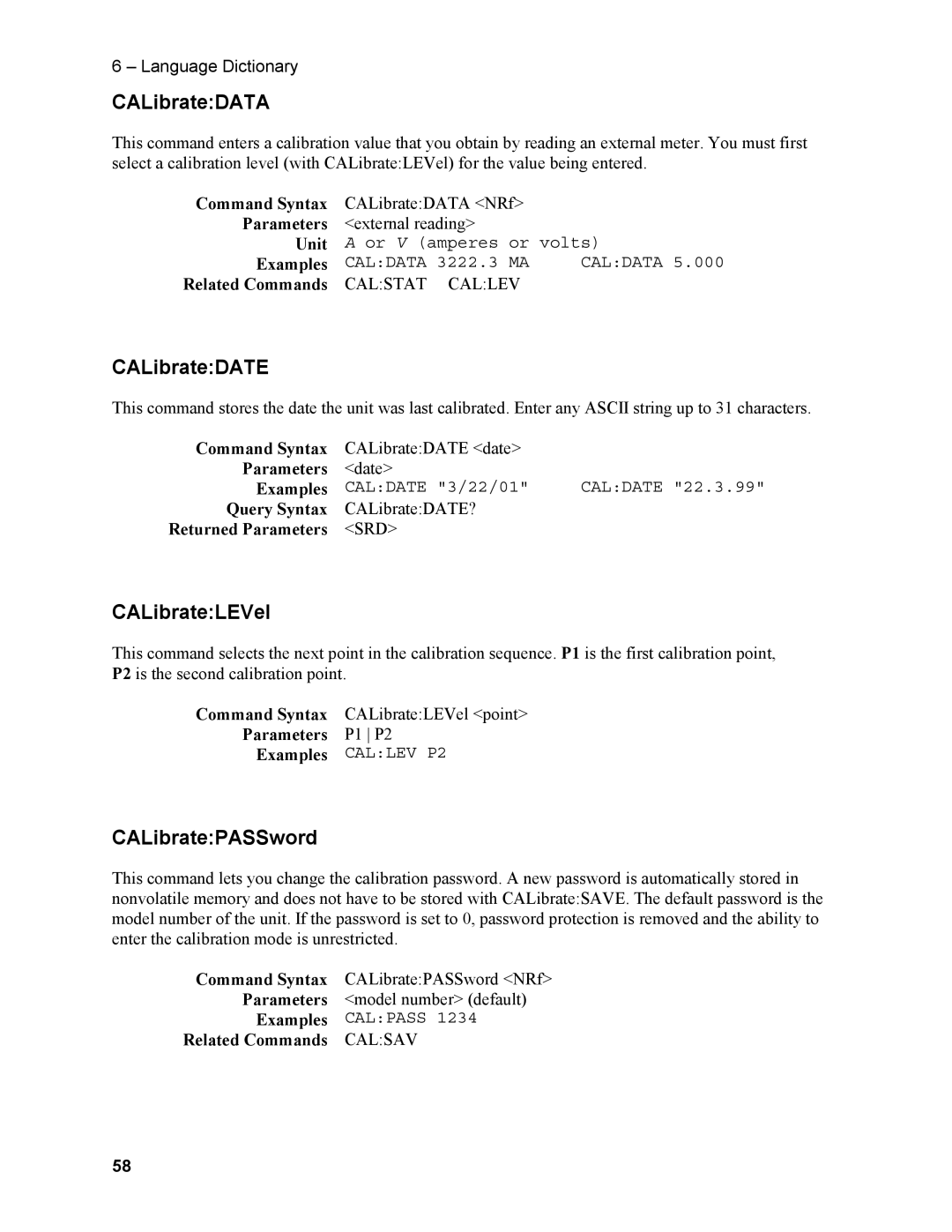 Agilent Technologies N3280A manual CALibrateDATA, CALibrateDATE, CALibrateLEVel, CALibratePASSword 