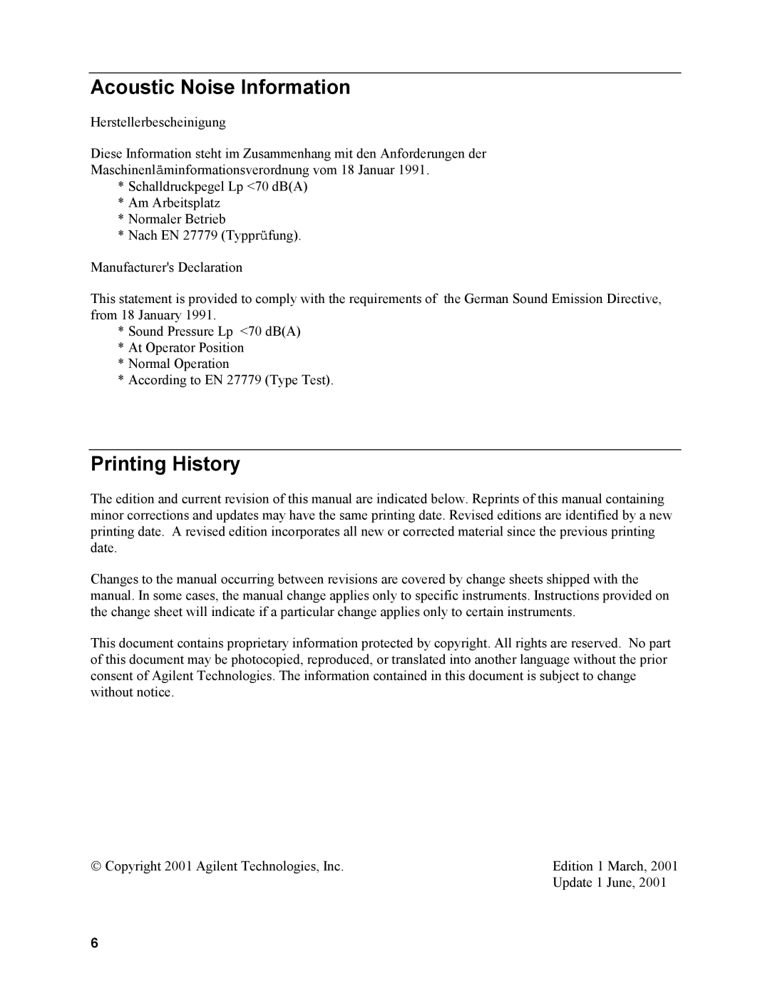 Agilent Technologies N3280A manual Acoustic Noise Information, Printing History 