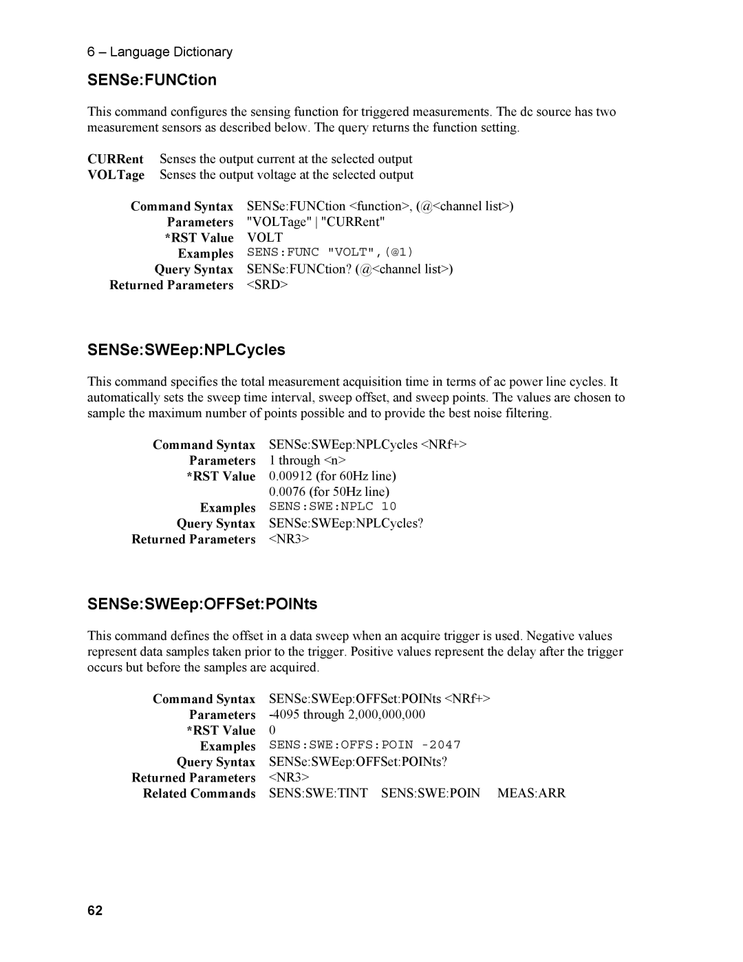 Agilent Technologies N3280A manual SENSeFUNCtion, SENSeSWEepNPLCycles, SENSeSWEepOFFSetPOINts 