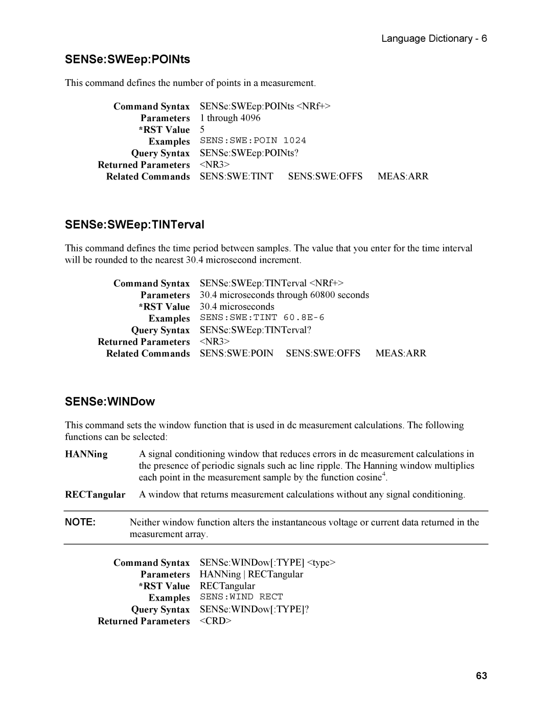 Agilent Technologies N3280A manual SENSeSWEepPOINts, SENSeSWEepTINTerval, SENSeWINDow 