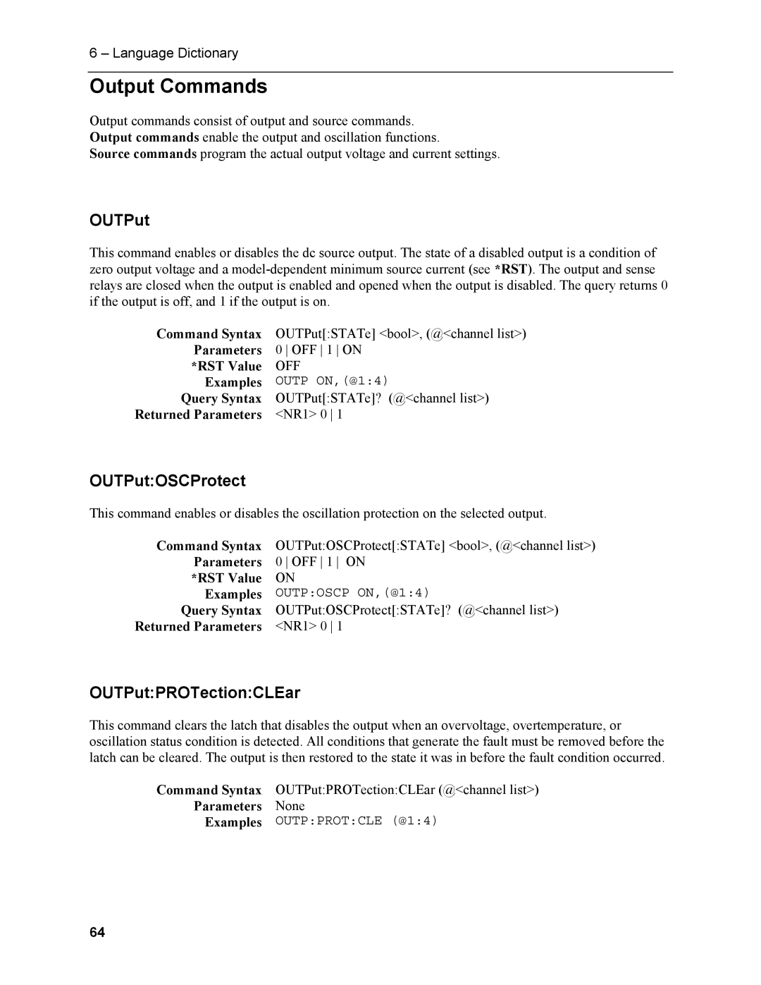 Agilent Technologies N3280A manual Output Commands, OUTPutOSCProtect, OUTPutPROTectionCLEar 