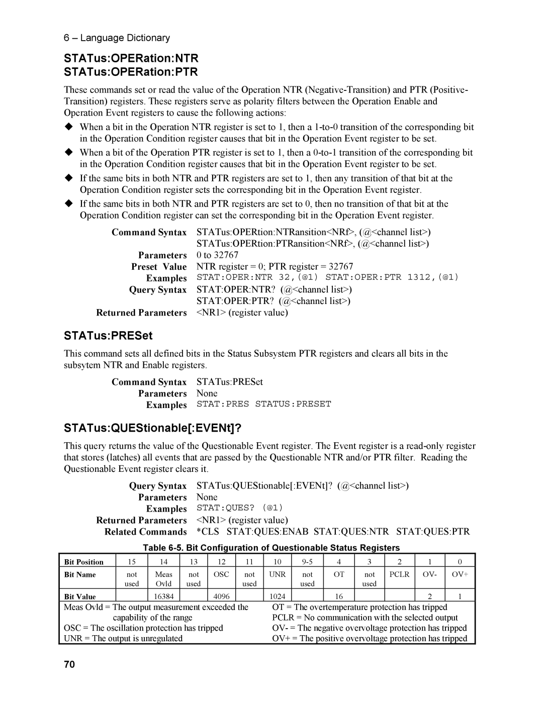 Agilent Technologies N3280A manual STATusOPERationNTR STATusOPERationPTR, STATusPRESet, STATusQUEStionableEVENt? 