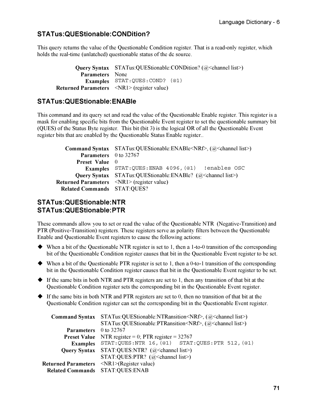 Agilent Technologies N3280A manual STATusQUEStionableCONDition?, STATusQUEStionableENABle 