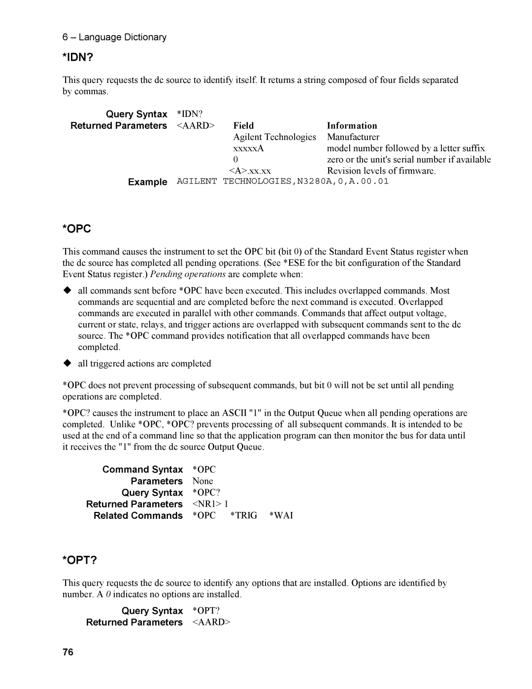 Agilent Technologies N3280A manual Field Information, Example, Query Syntax *OPT? Returned Parameters Aard 