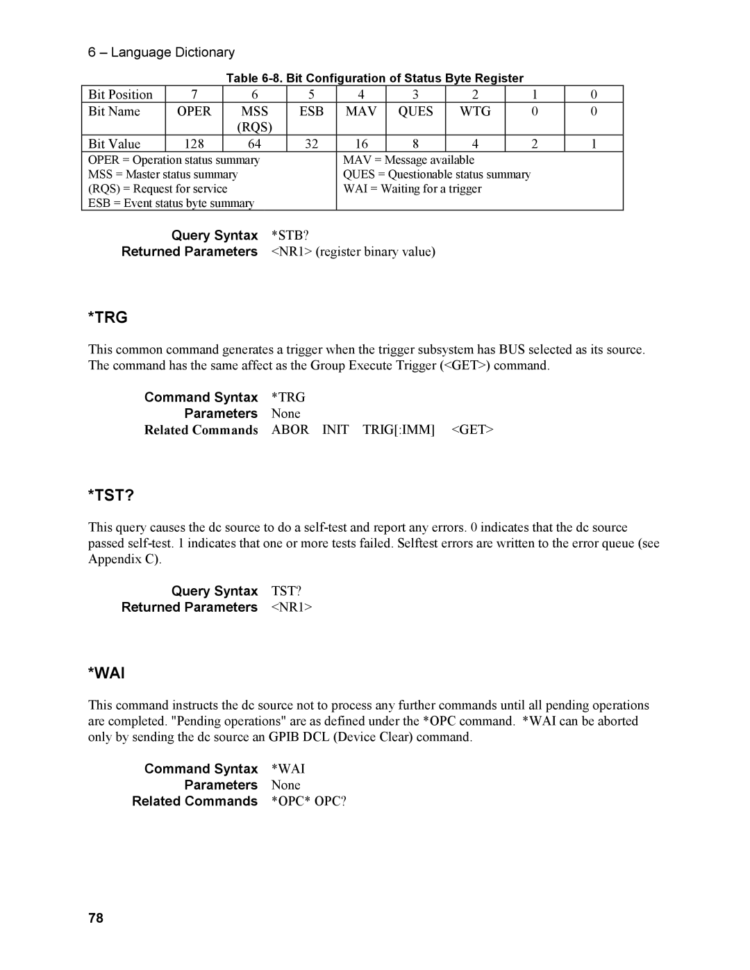 Agilent Technologies N3280A manual Query Syntax TST? Returned Parameters NR1, Bit Configuration of Status Byte Register 