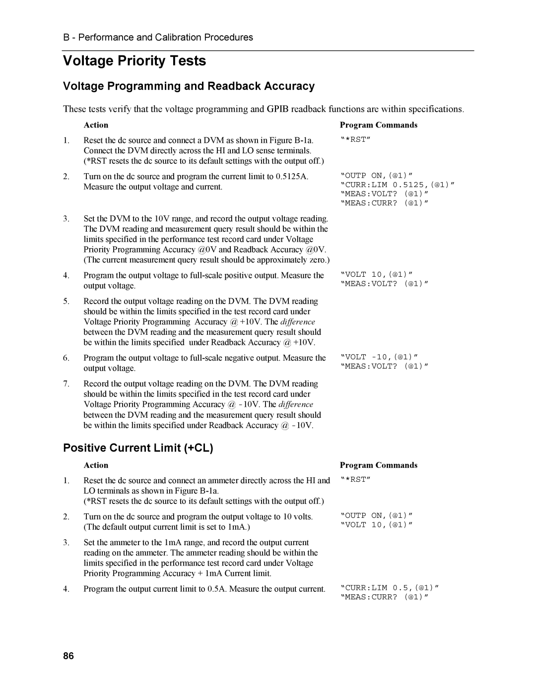 Agilent Technologies N3280A Voltage Priority Tests, Voltage Programming and Readback Accuracy, Positive Current Limit +CL 