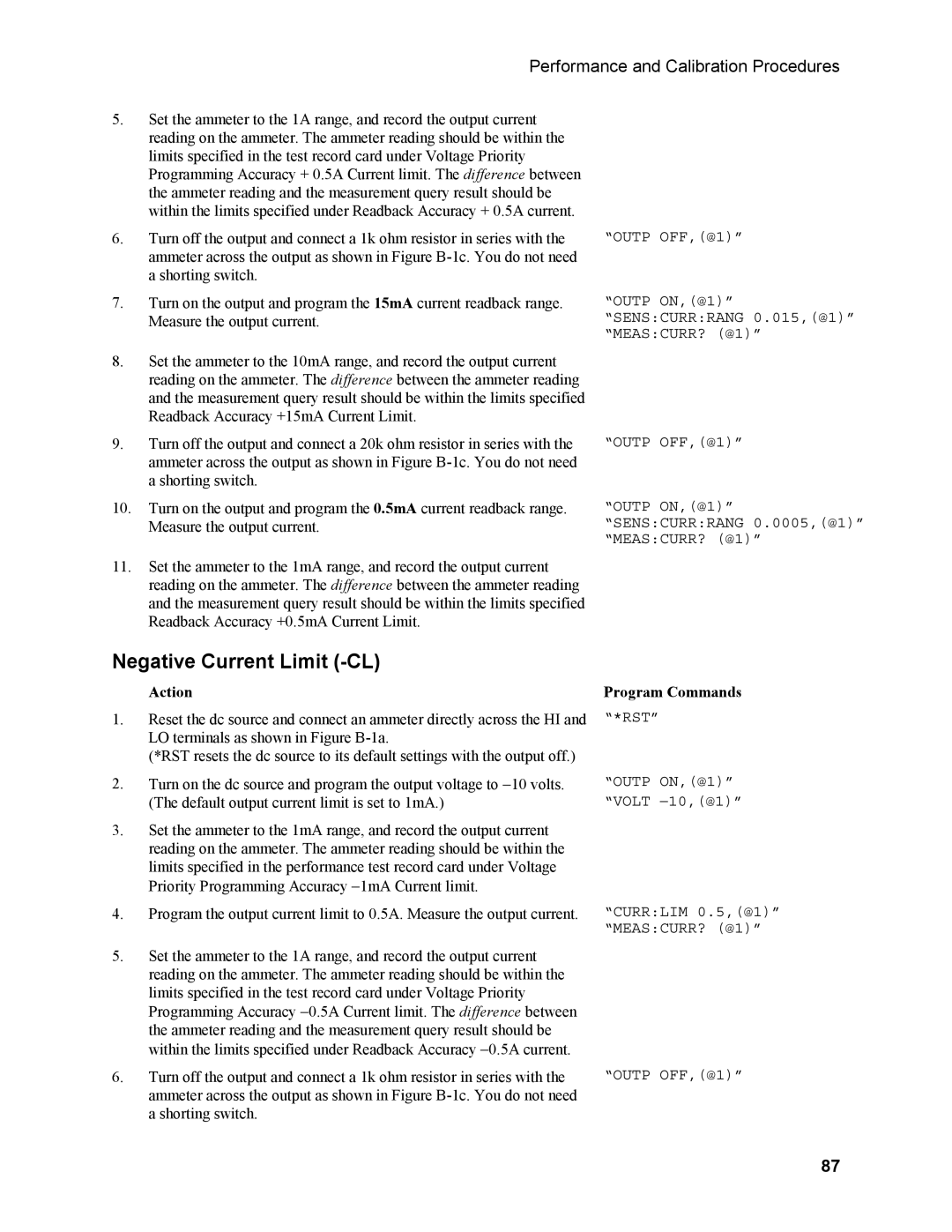 Agilent Technologies N3280A manual Negative Current Limit -CL, Action Program Commands 
