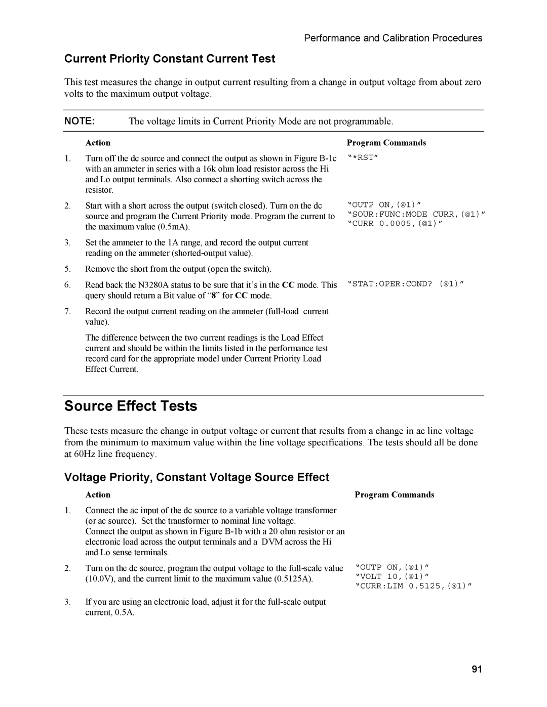 Agilent Technologies N3280A manual Source Effect Tests, Current Priority Constant Current Test 