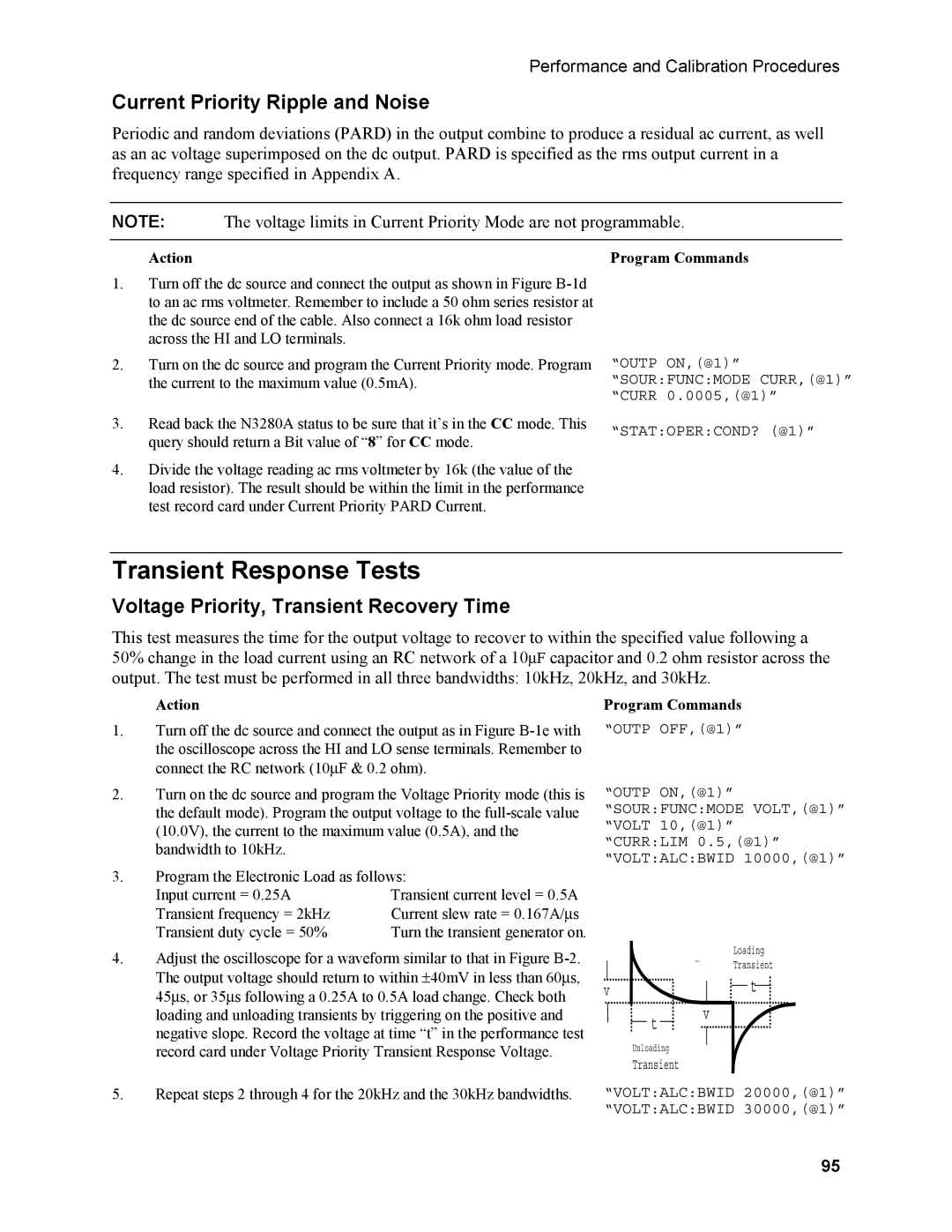 Agilent Technologies N3280A manual Transient Response Tests, Current Priority Ripple and Noise 