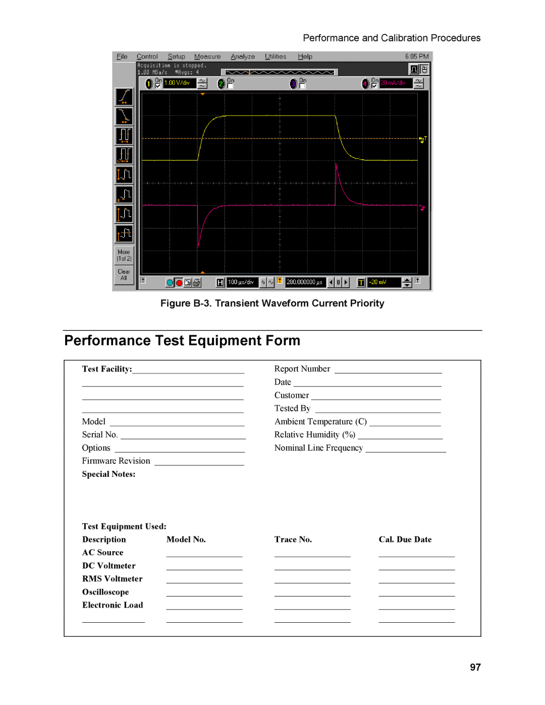 Agilent Technologies N3280A manual Performance Test Equipment Form, Figure B-3. Transient Waveform Current Priority 