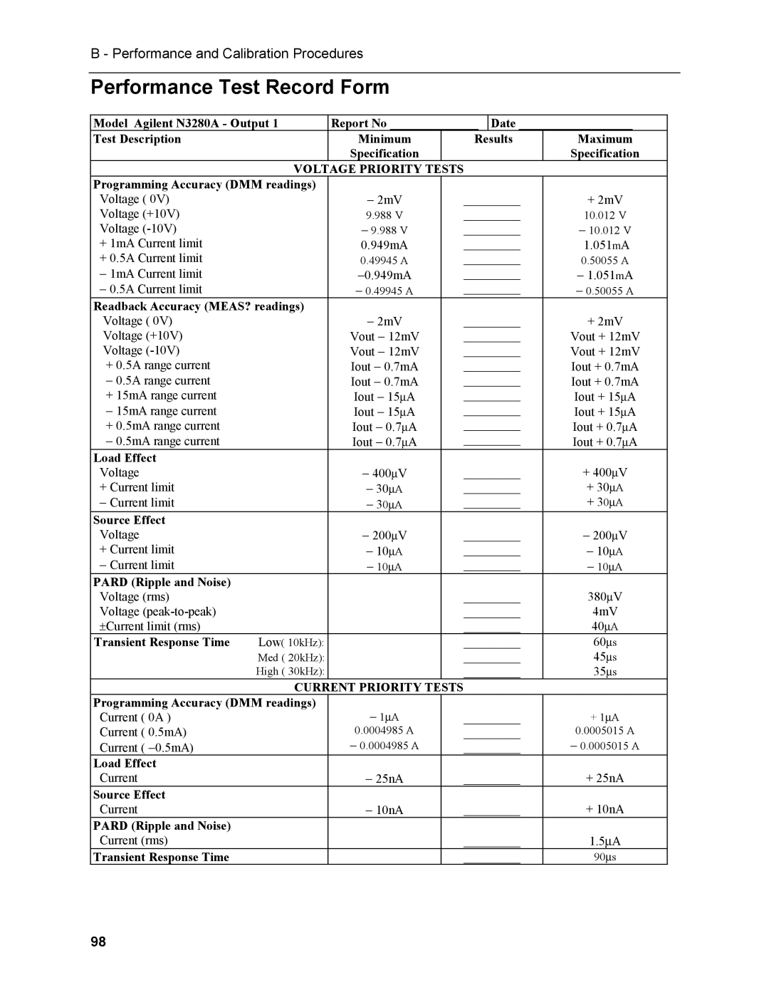 Agilent Technologies N3280A manual Performance Test Record Form 