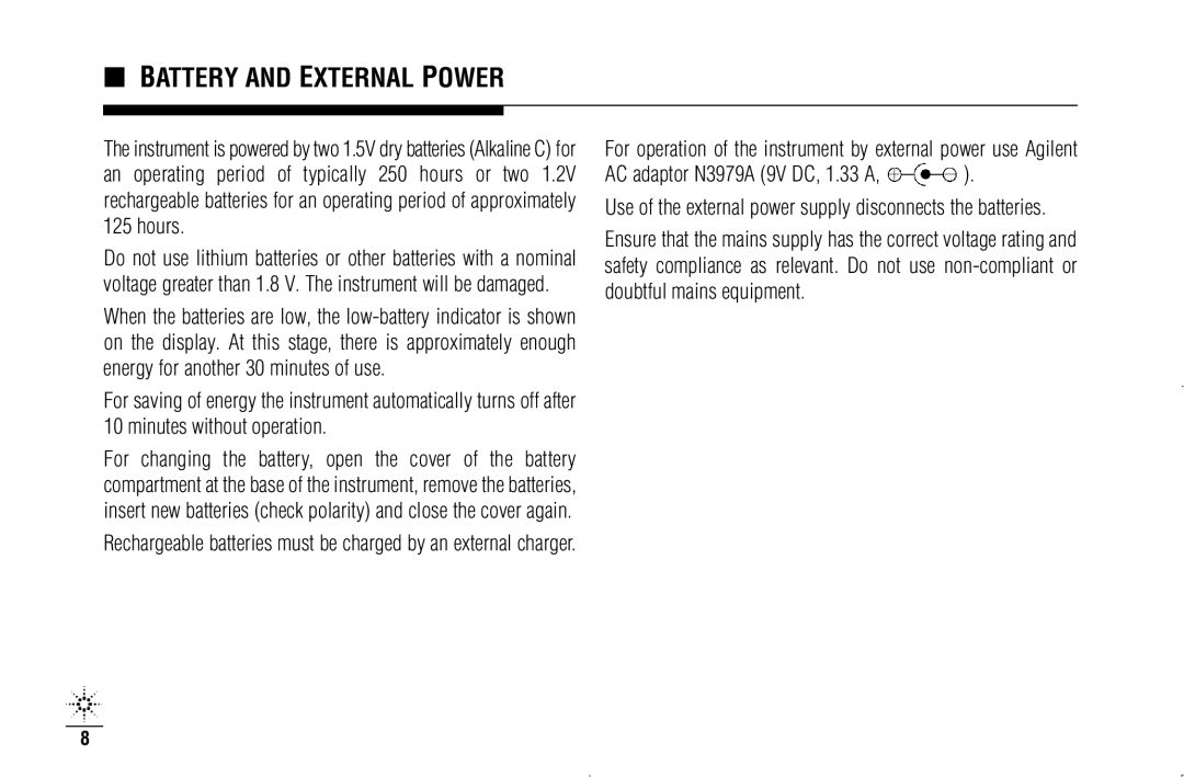 Agilent Technologies N3970A manual Battery and External Power 