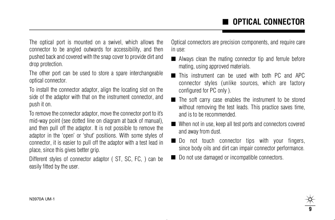 Agilent Technologies N3970A manual Optical Connector 