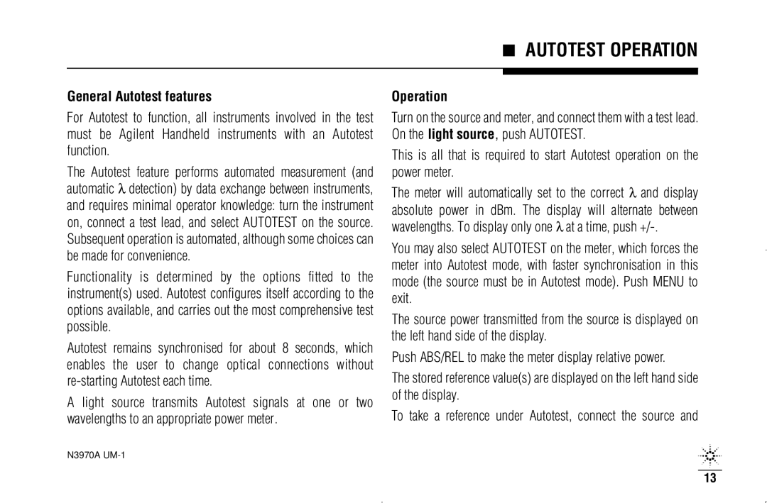 Agilent Technologies N3970A manual Autotest Operation, General Autotest features 