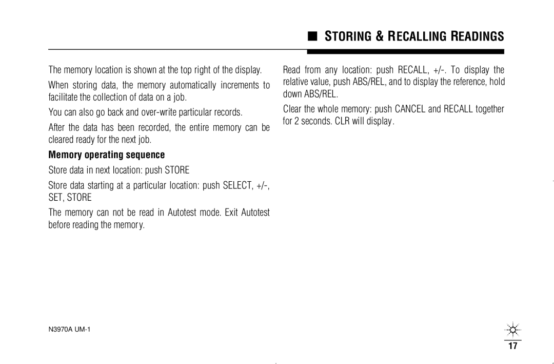 Agilent Technologies N3970A manual Memory operating sequence, SET, Store 