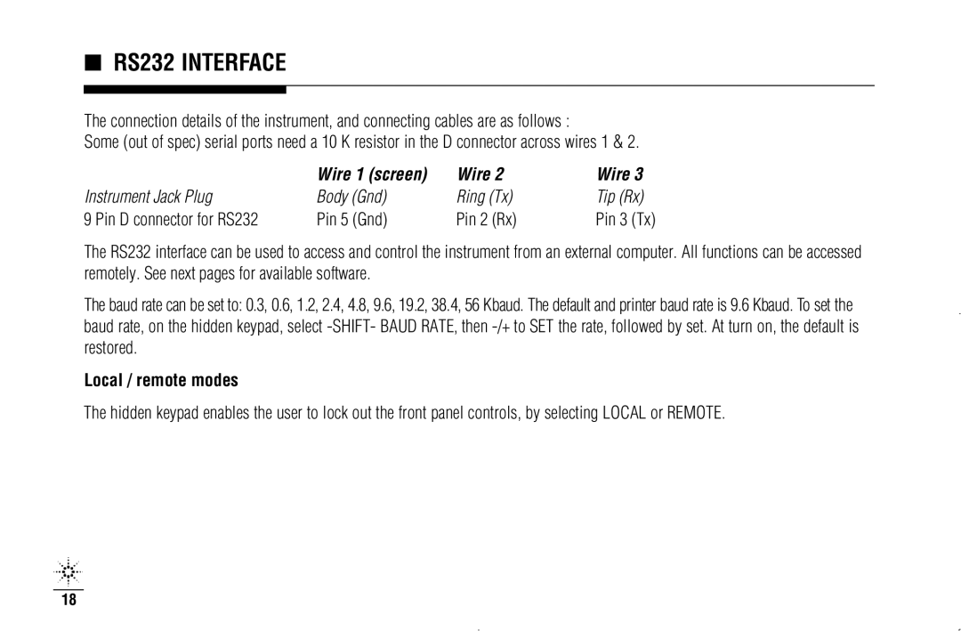 Agilent Technologies N3970A manual RS232 Interface, Wire 1 screen, Local / remote modes 