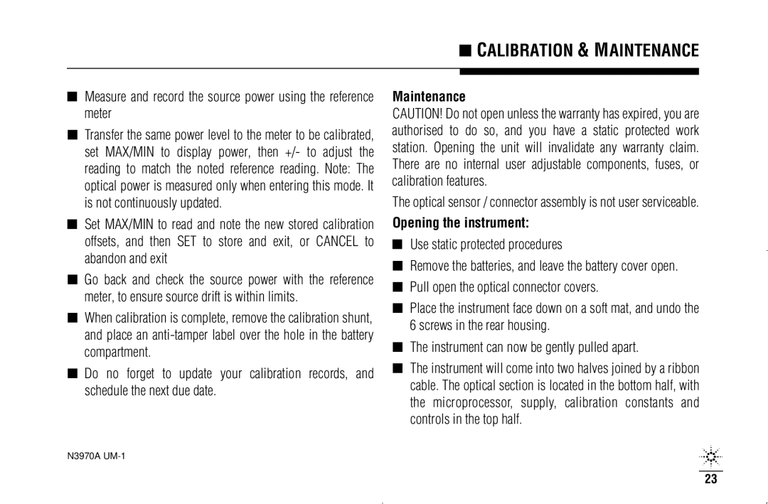 Agilent Technologies N3970A manual Maintenance, Opening the instrument 