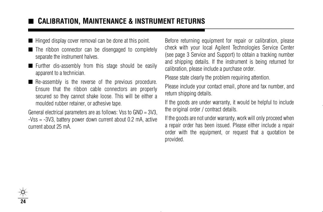 Agilent Technologies N3970A manual CALIBRATION, Maintenance & Instrument Returns 