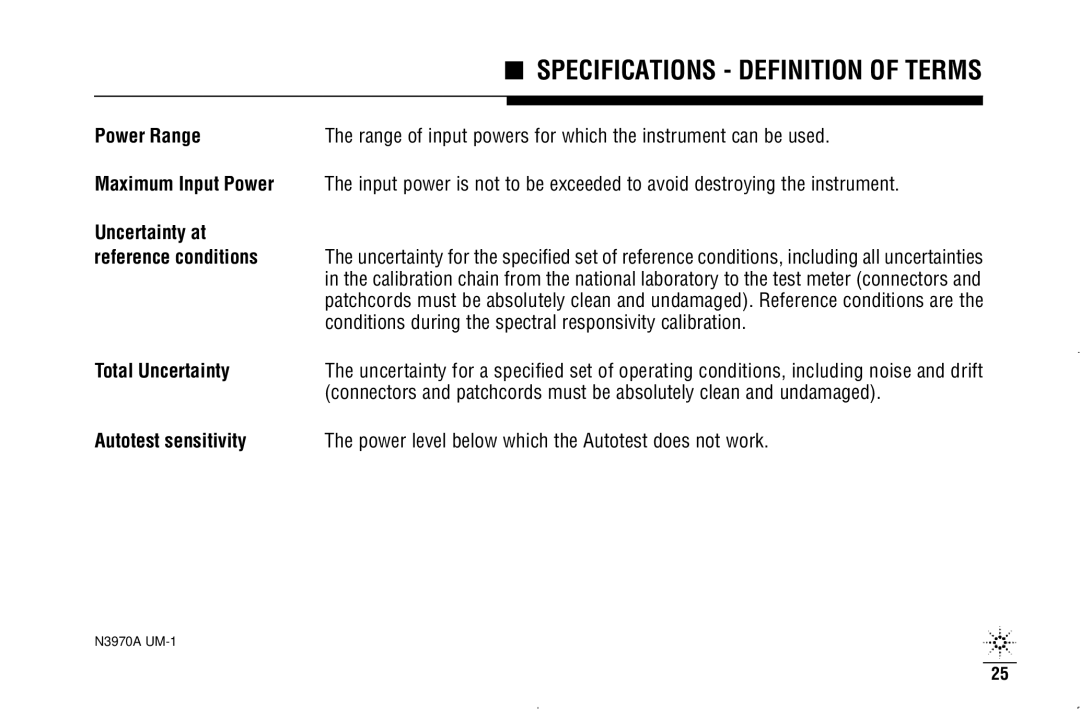 Agilent Technologies N3970A manual Conditions during the spectral responsivity calibration, Total Uncertainty 