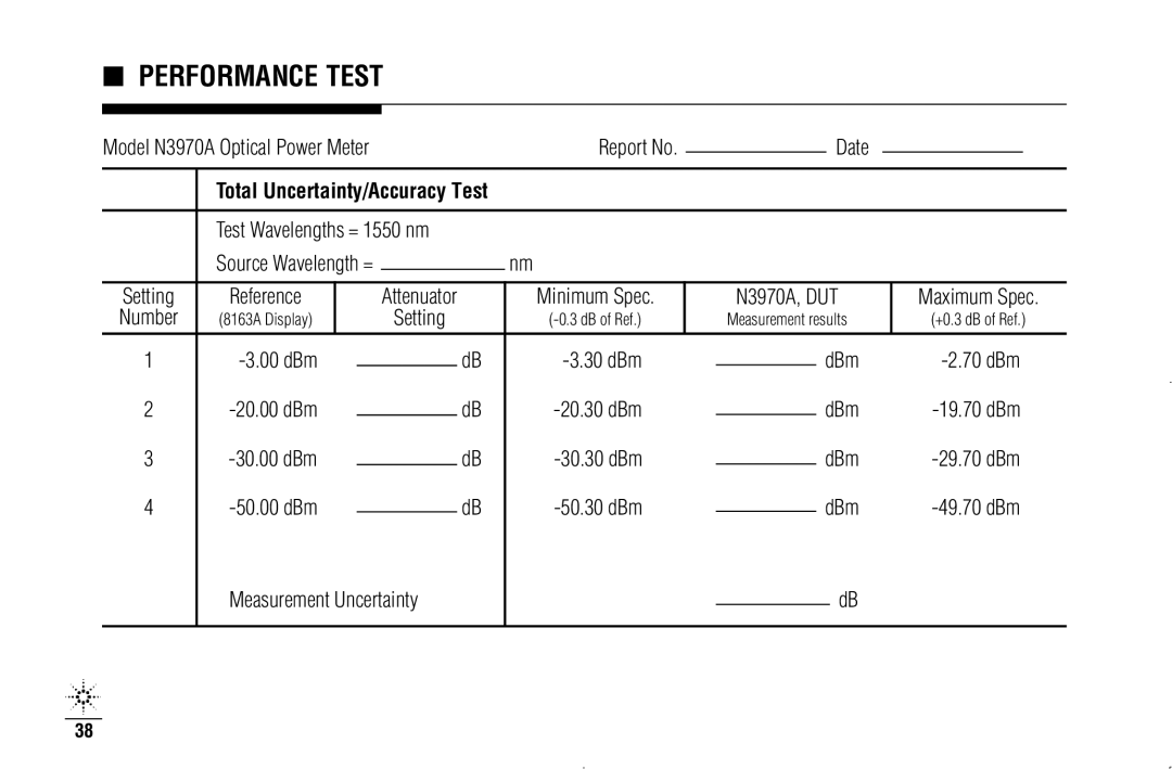 Agilent Technologies N3970A manual Test Wavelengths = 1550 nm 