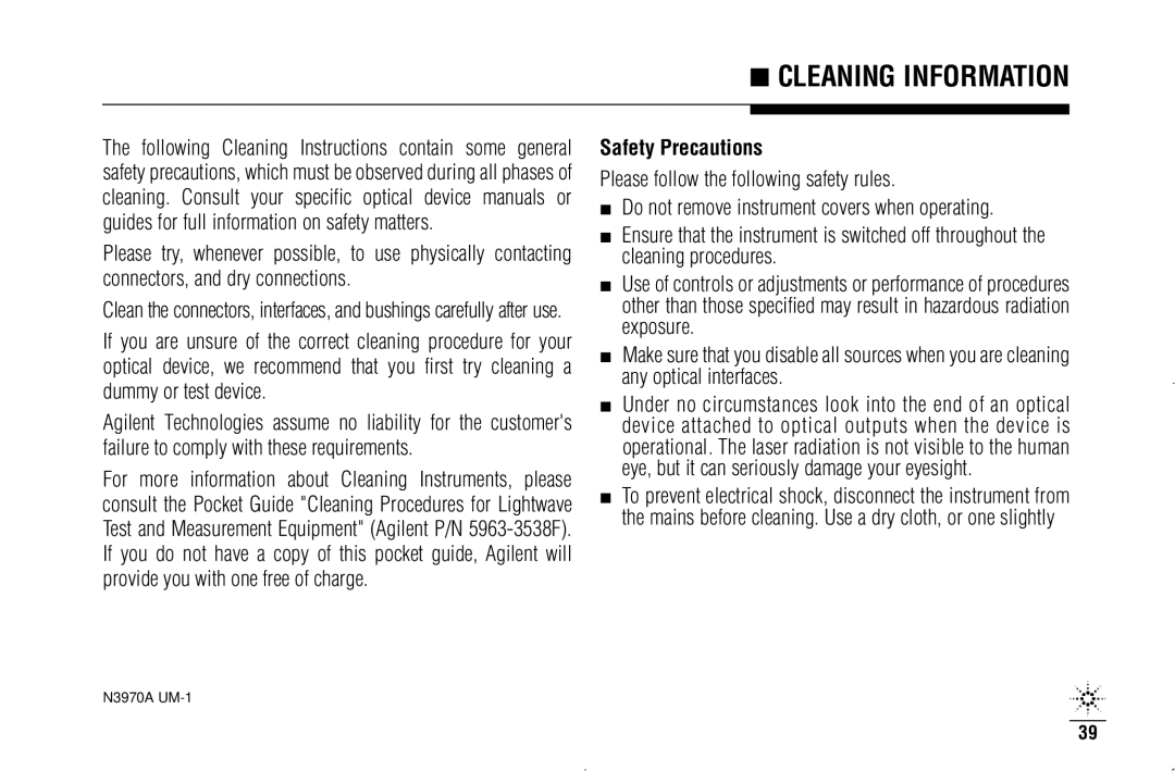 Agilent Technologies N3970A manual Cleaning Information, Safety Precautions 