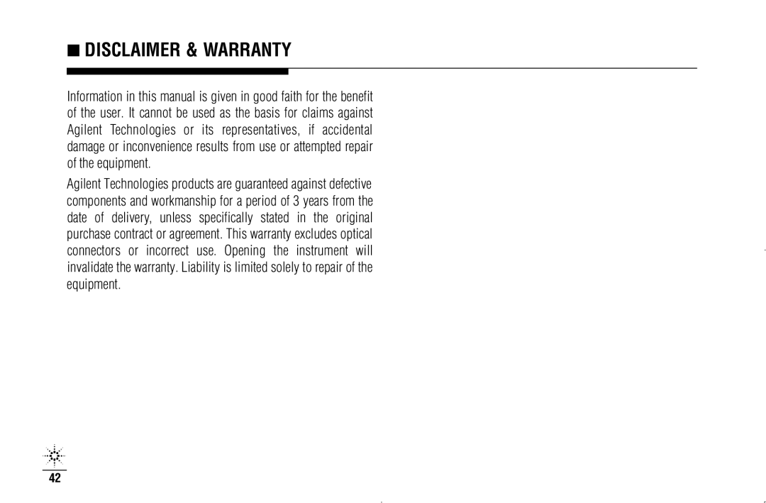 Agilent Technologies N3970A manual Disclaimer & Warranty 