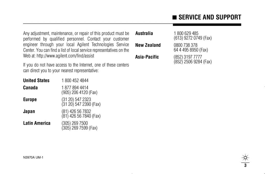 Agilent Technologies N3970A manual Service and Support 