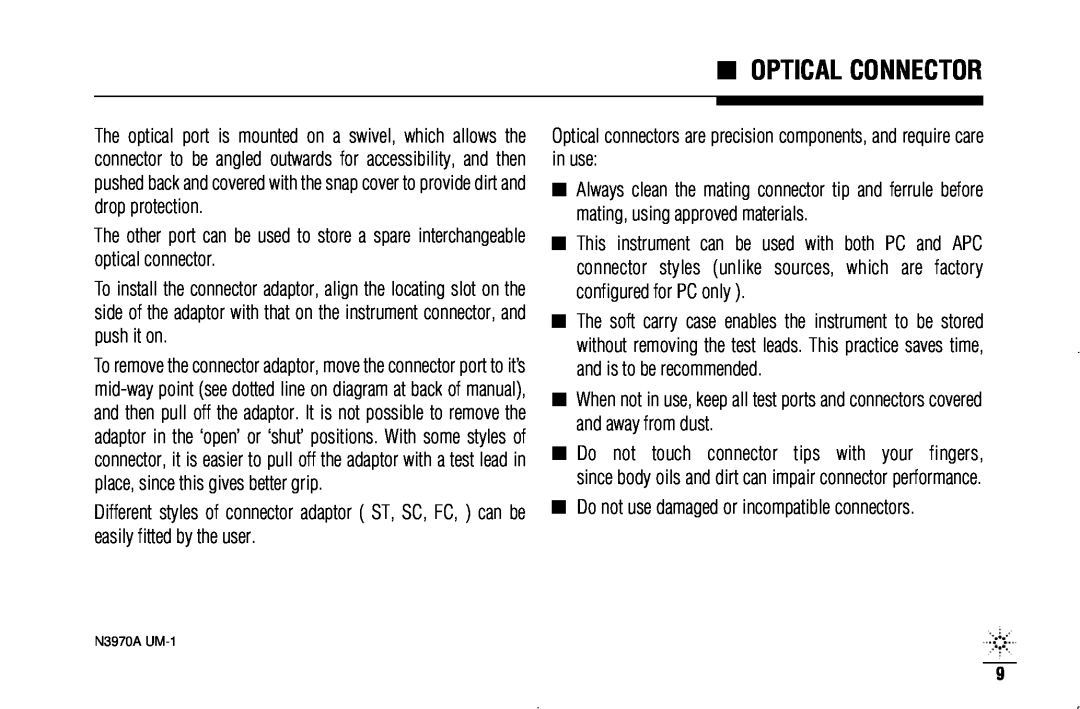Agilent Technologies N3970A manual Optical Connector 