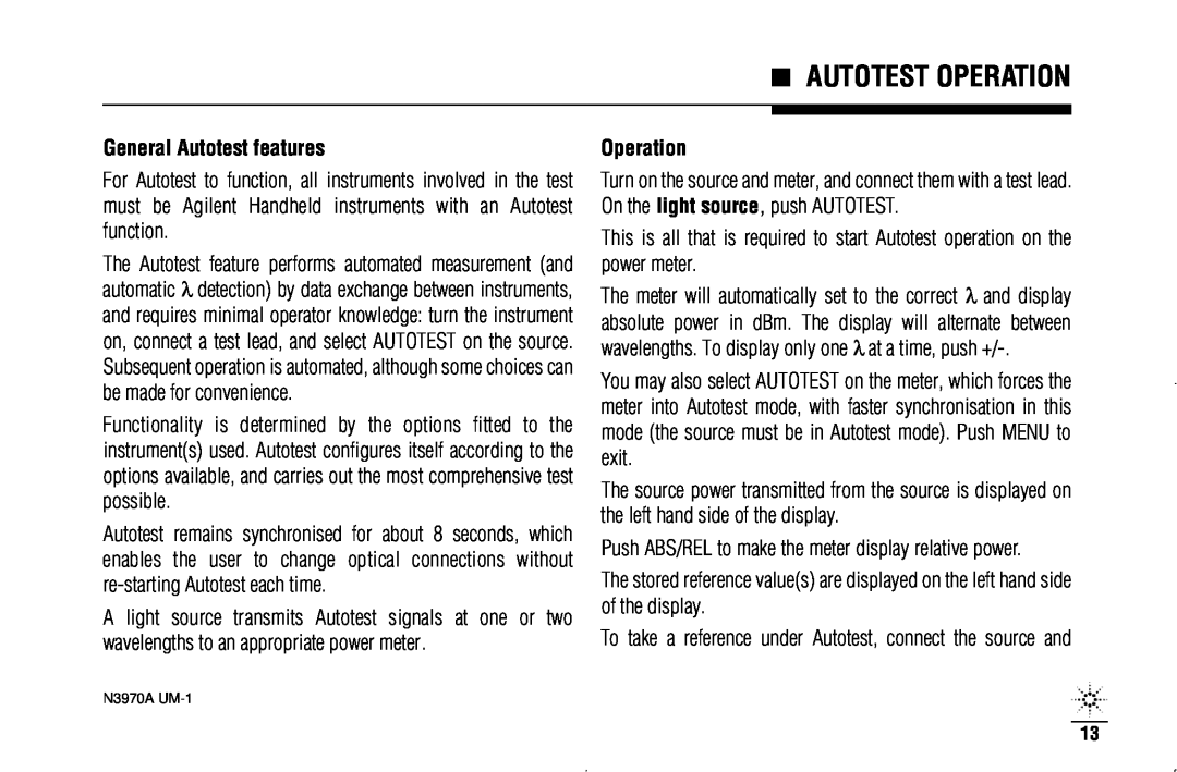 Agilent Technologies N3970A manual Autotest Operation, General Autotest features 