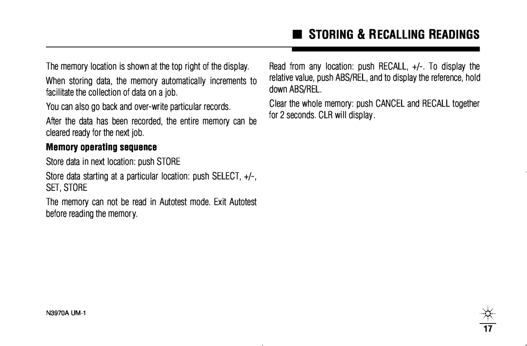 Agilent Technologies N3970A manual Storing & Recalling Readings, Memory operating sequence 