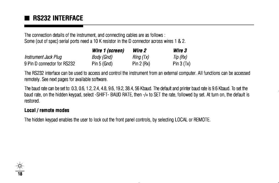 Agilent Technologies N3970A manual RS232 INTERFACE 