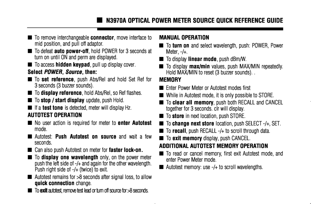 Agilent Technologies manual N3970A OPTICAL POWER METER SOURCE QUICK REFERENCE GUIDE, Select POWER, Source, then, Memory 