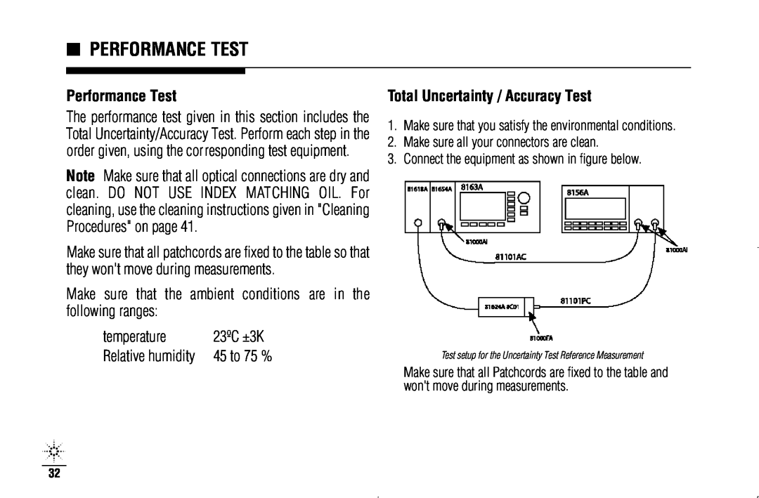 Agilent Technologies N3970A manual Performance Test, Total Uncertainty / Accuracy Test, temperature 